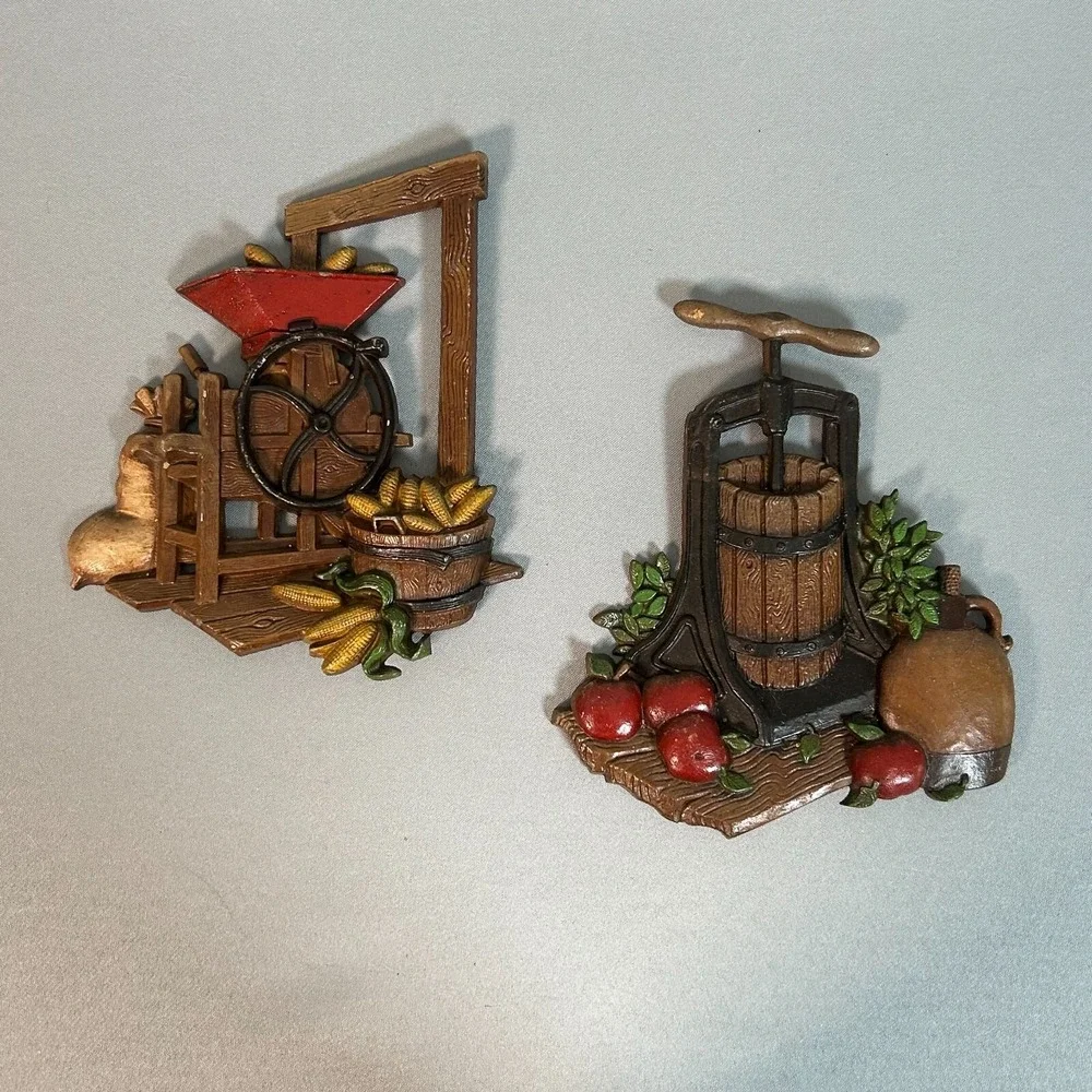 Vintage 1978 Homco Metal Wall Plaques Corn Shucker Apple Press Country Art Decor